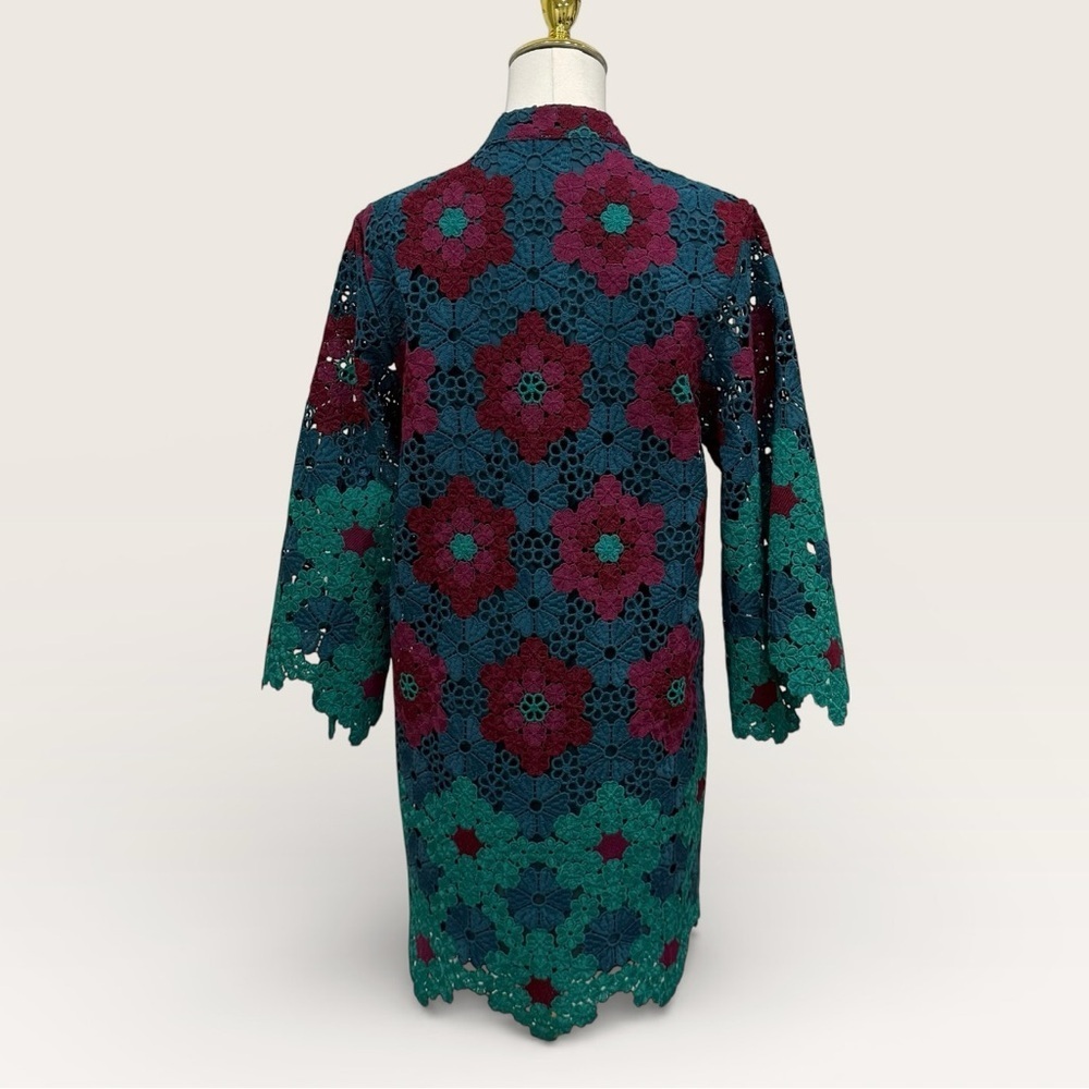 J. Marie Asher XS Floral Lace 3/4 Sleeve Kaftan Short Dress Wine/Blue/Green NWT - Picture 9 of 16